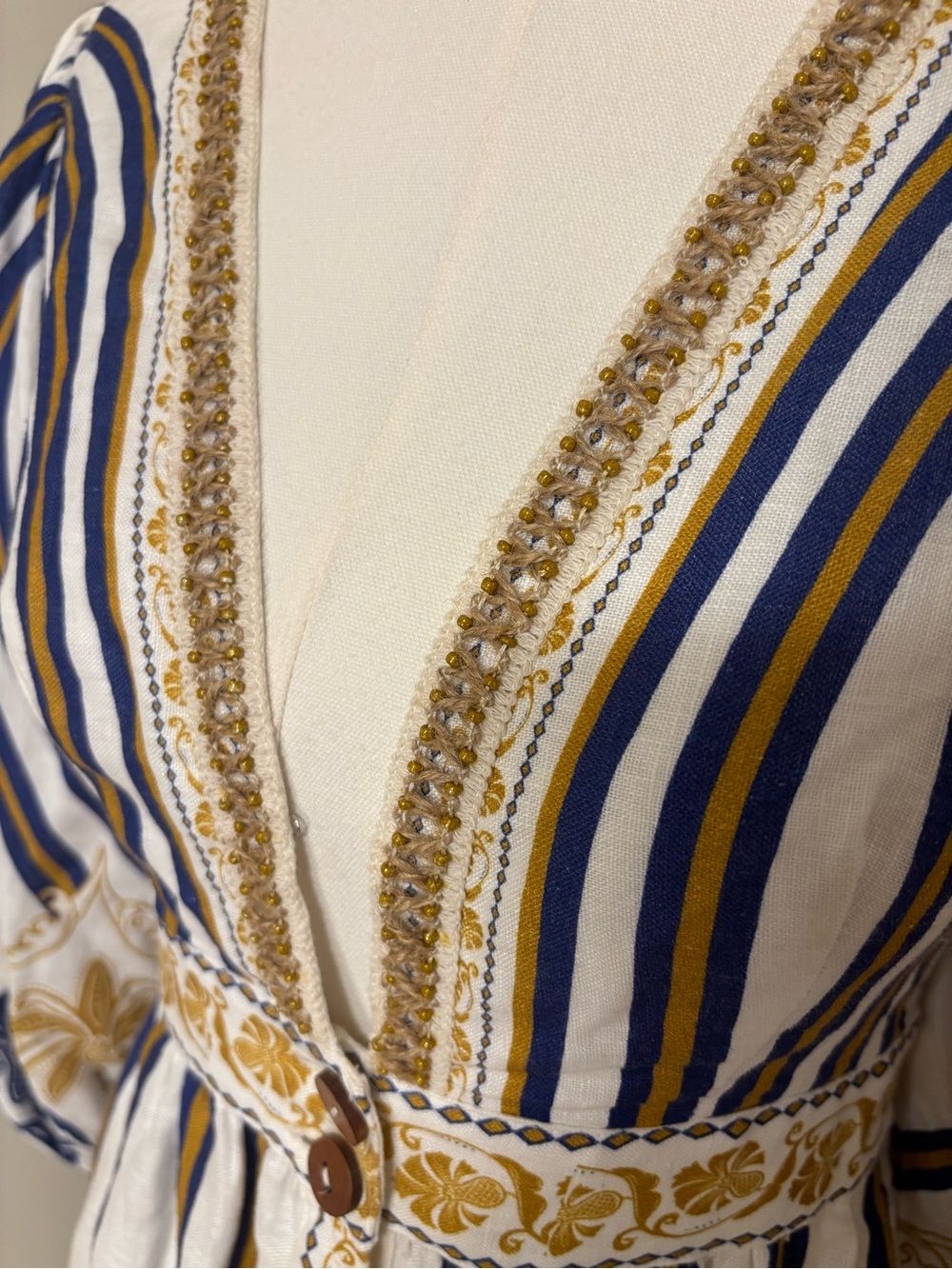 Farm Rio Pineapple Linen Midi Dress Blue Gold Embroidered Puff Sleeve Small NWT - Picture 3 of 14